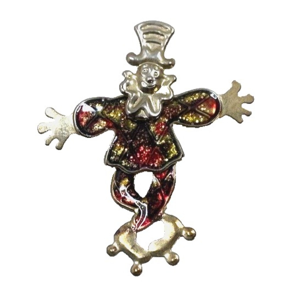 Clown on Roller Skates Red and Green Enamel Vintage Gold Tone Brooch Pin